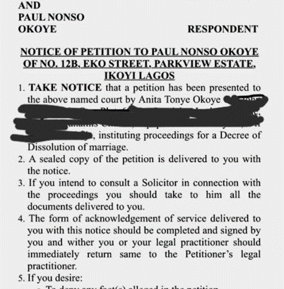 A photo of Anita and Paul Okoye's leaked divorce papers 