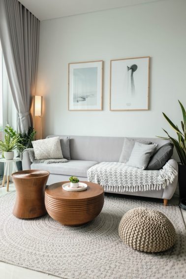 A photo of a clean sitting room with a slime free couch and clothesand